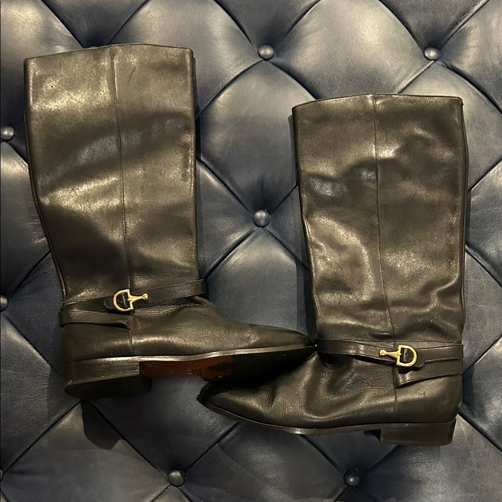 Vintage G.H.Bass & Co. Black Leather Riding Boots w/Gold Buckle size 9